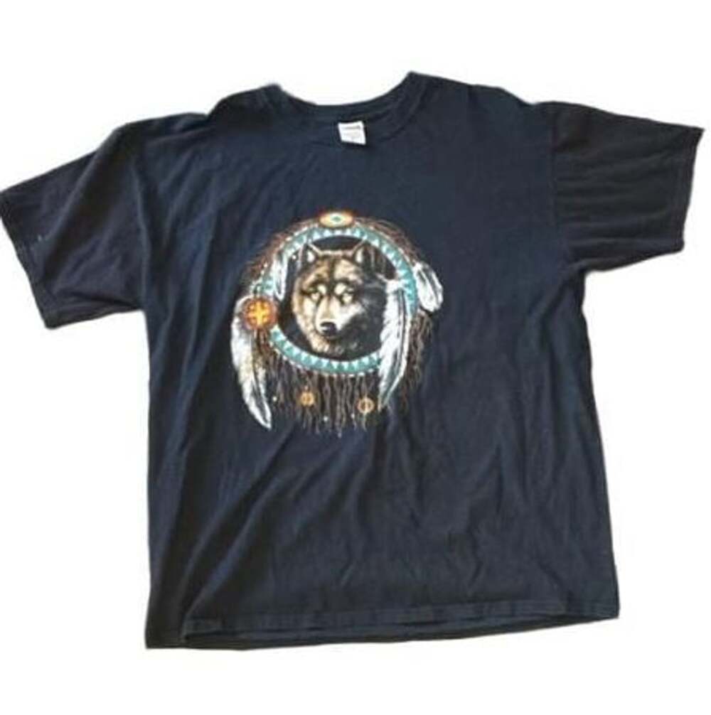 Anvil Wolf Dreamcatcher T-Shirt Size XL Black Graphic Print